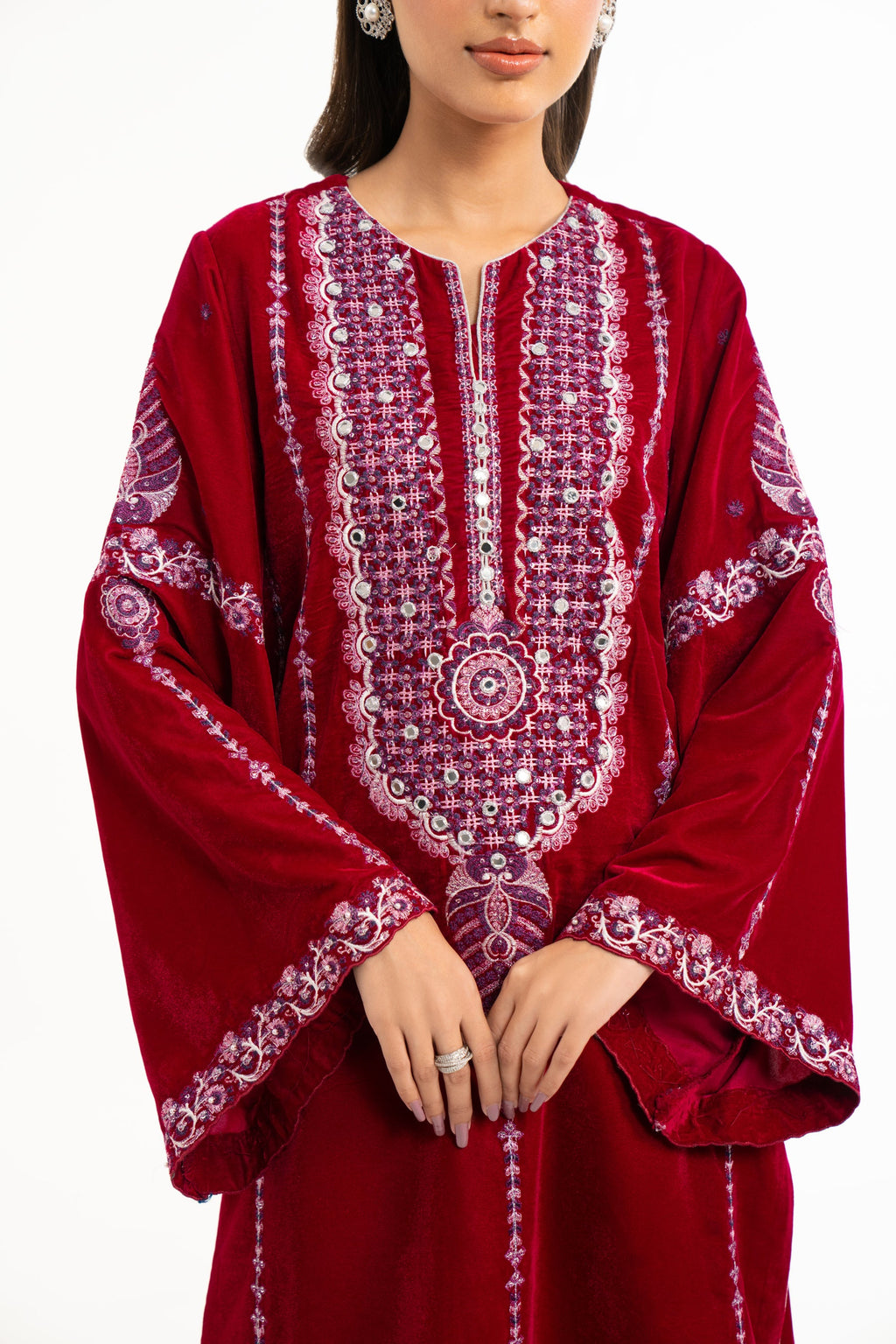 STITCHED EMBROIDERED VELVET SHIRT BOTTOM (FACTORY E-OUTLET)