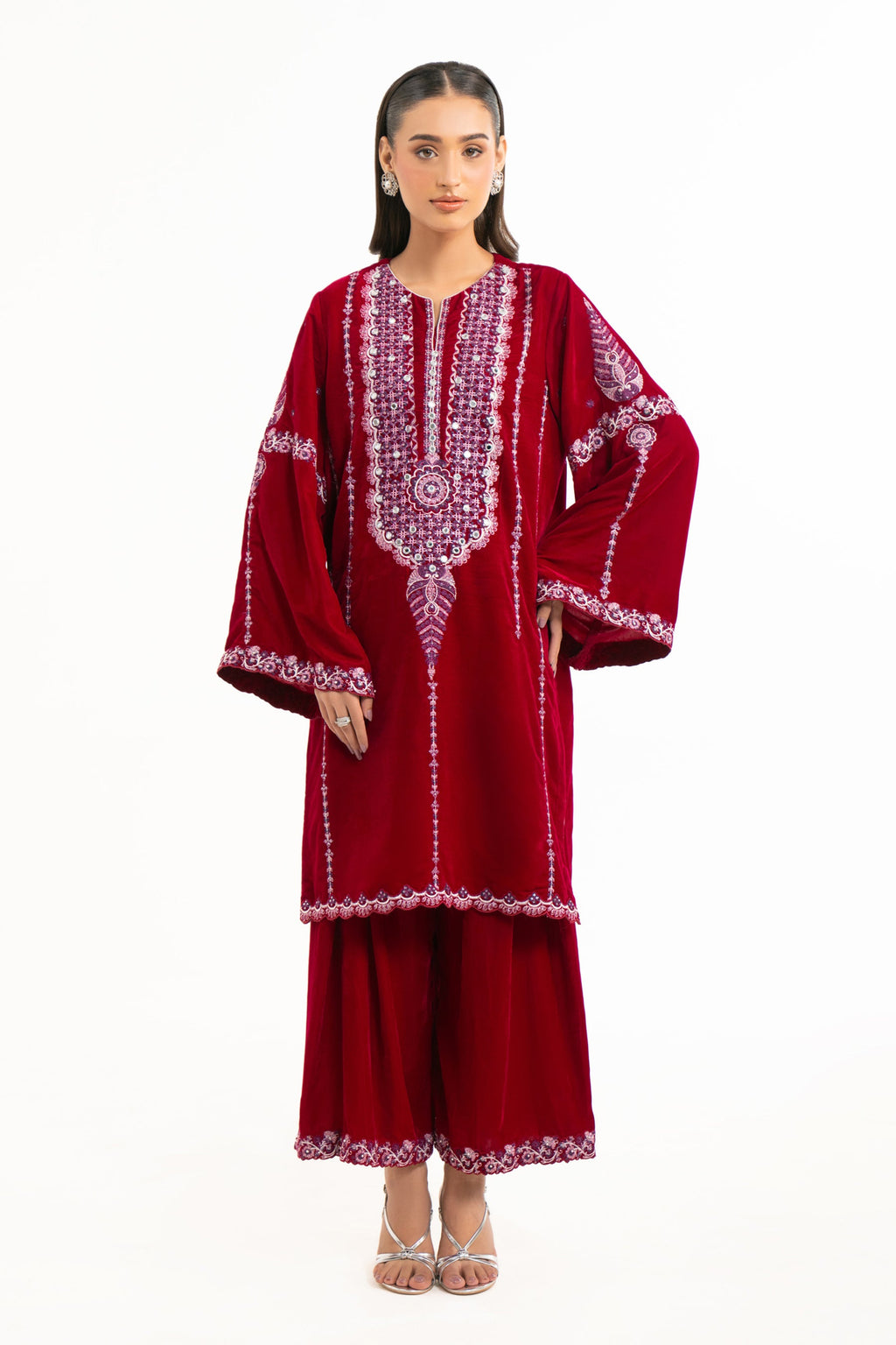 STITCHED EMBROIDERED VELVET SHIRT BOTTOM (FACTORY E-OUTLET)