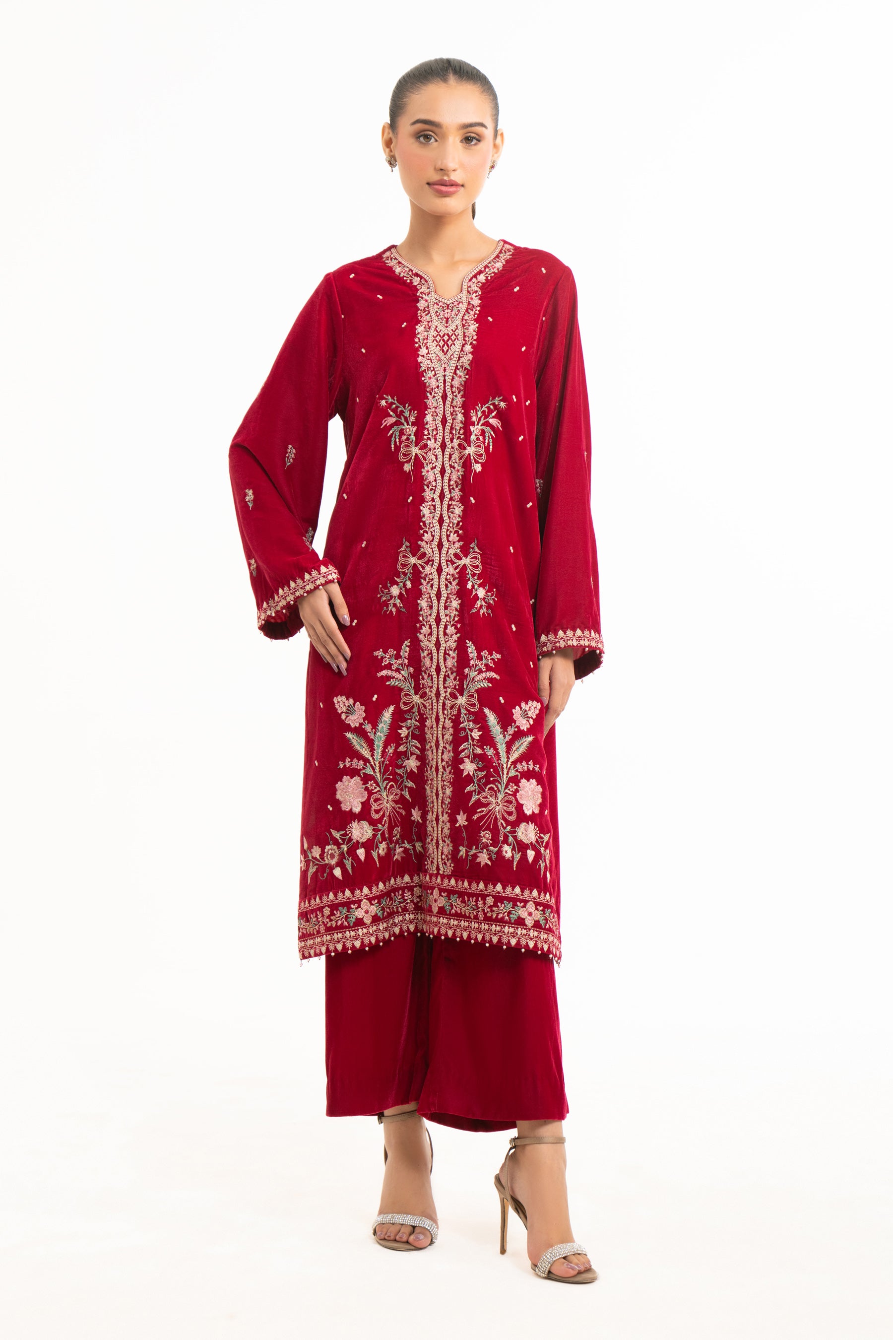 STITCHED EMBROIDERED VELVET SHIRT BOTTOM