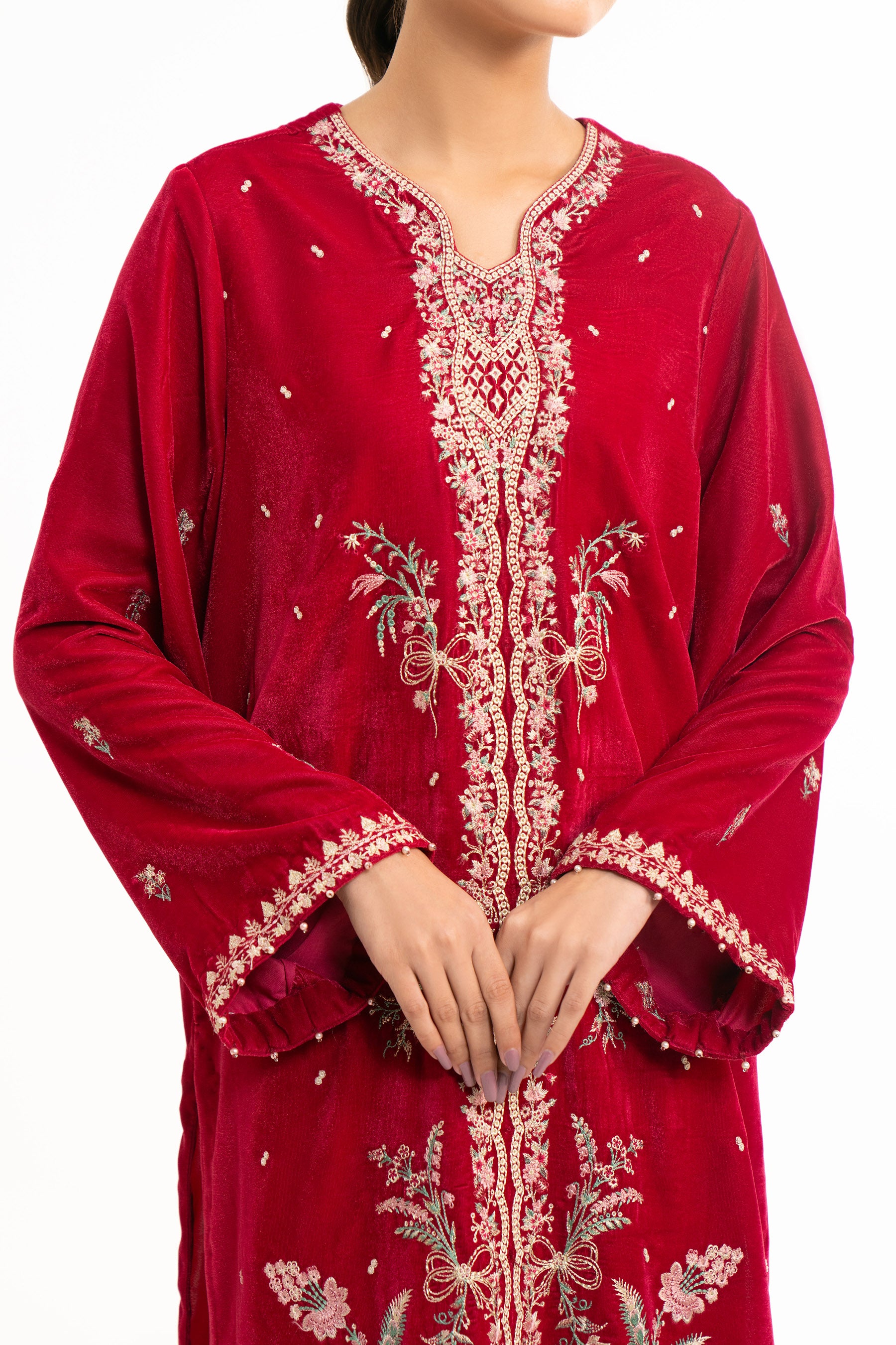 STITCHED EMBROIDERED VELVET SHIRT BOTTOM