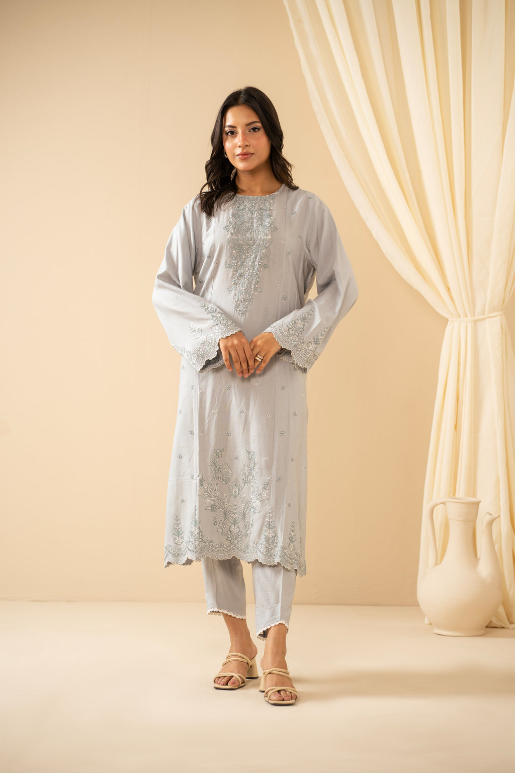 EMBROIDERED RAW SILK STITCHED 2 PIECE SUIT