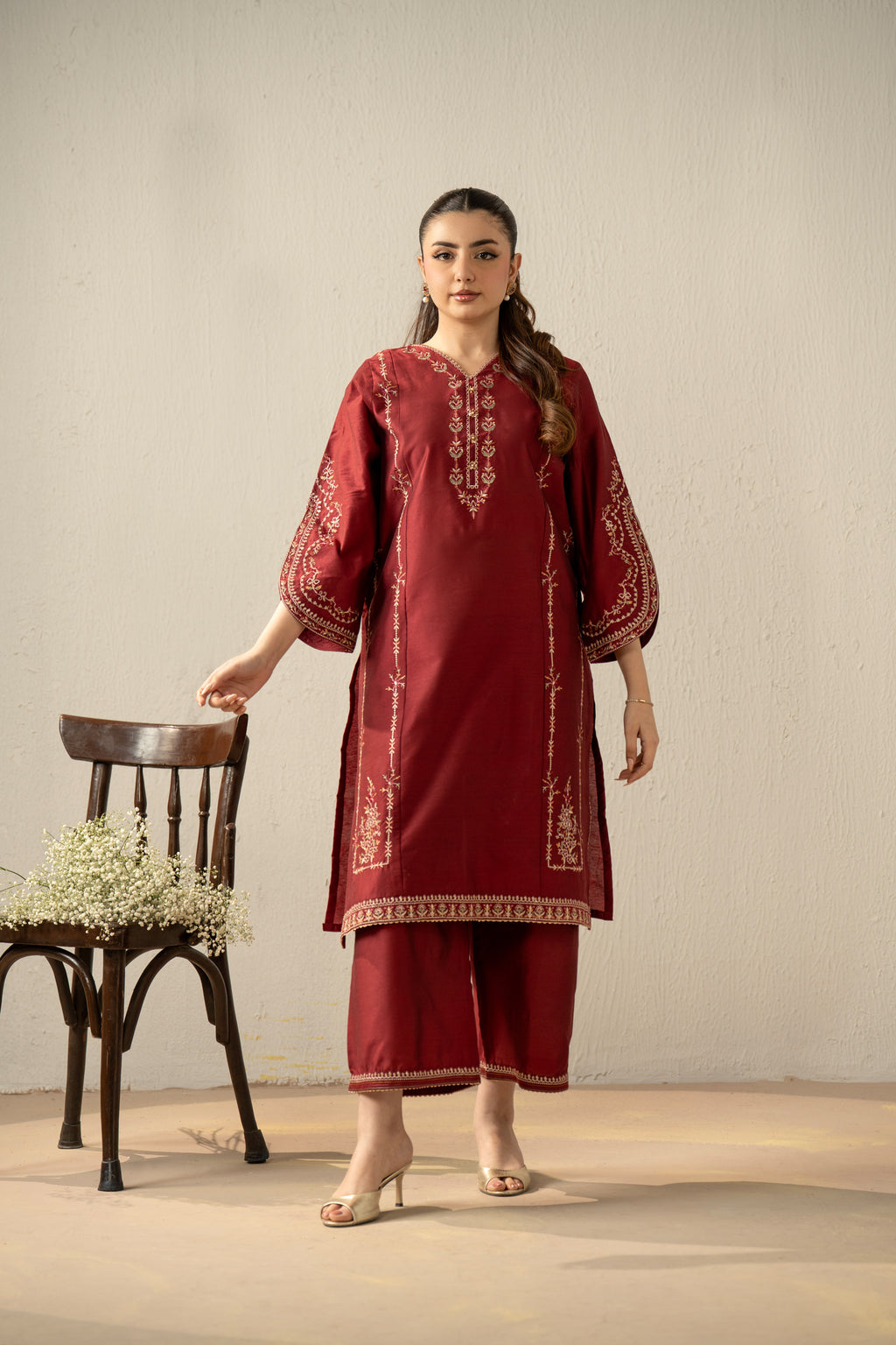 EMBROIDERED COTTON SILK STITCHED 2 PIECE SUIT