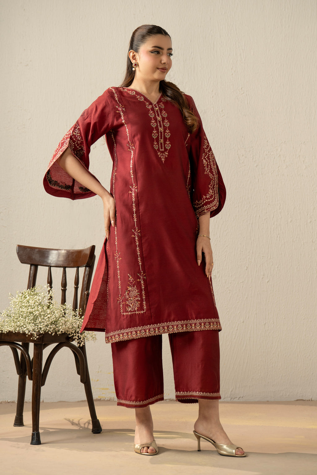 EMBROIDERED COTTON SILK STITCHED 2 PIECE SUIT