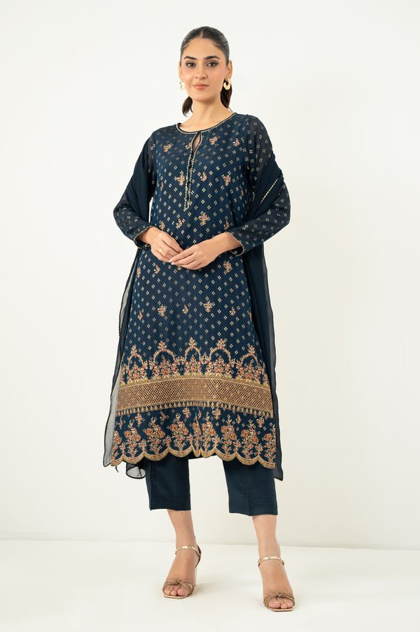 Stitched 3 Piece Embroidered Zari Jacquard Suit