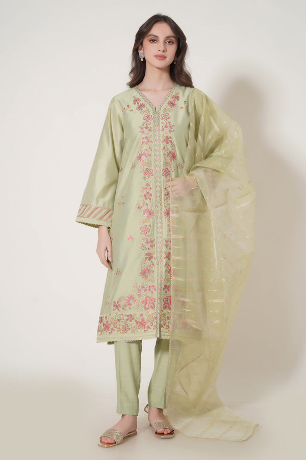 Stitched 3 Piece Embroidered Cotton Net Outfit