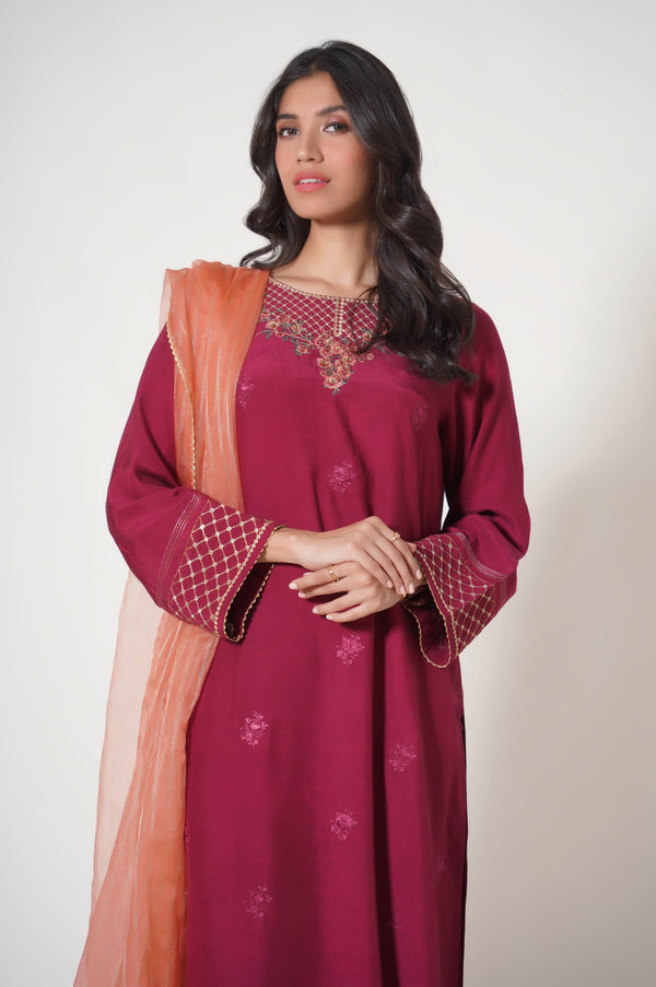 Stitched 3 Piece Embroidered Raw Silk Outfit