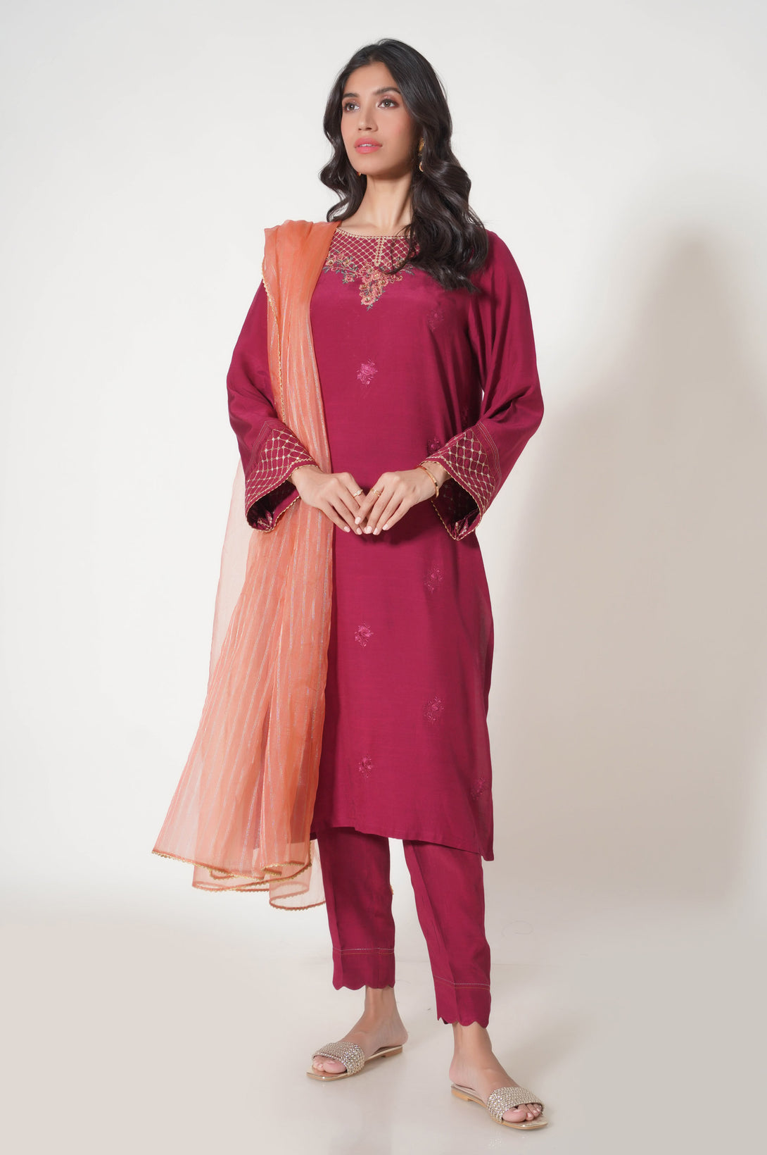 Stitched 3 Piece Embroidered Raw Silk Outfit – Zeenwoman