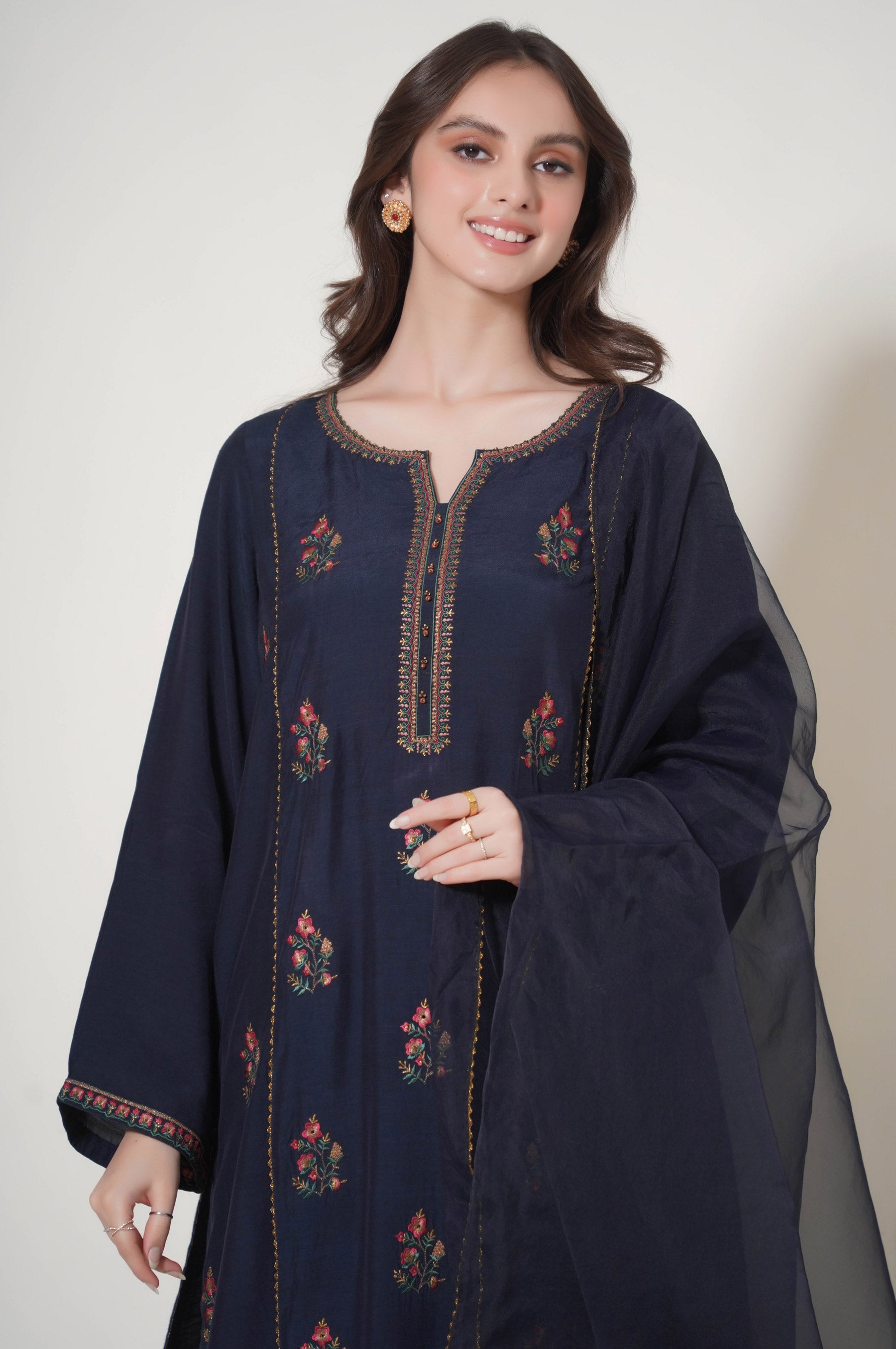 Stitched 3 Piece Embroidered Raw Silk Outfit – Zeenwoman