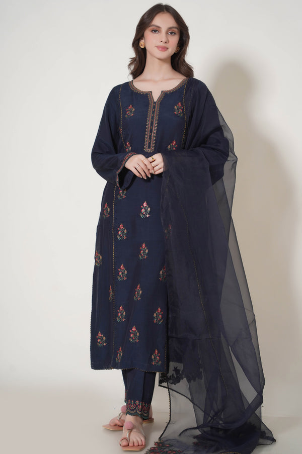 Stitched 3 Piece Embroidered Raw Silk Outfit