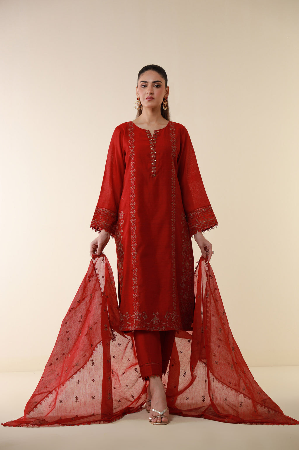 Stitched 3 Piece Embroidered Cotton Net Suit