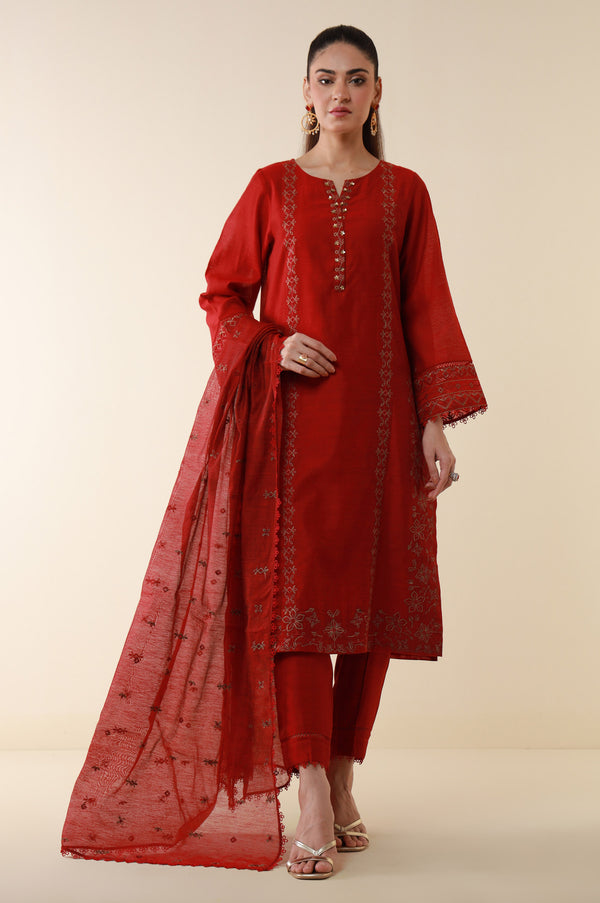 Stitched 3 Piece Embroidered Cotton Net Suit