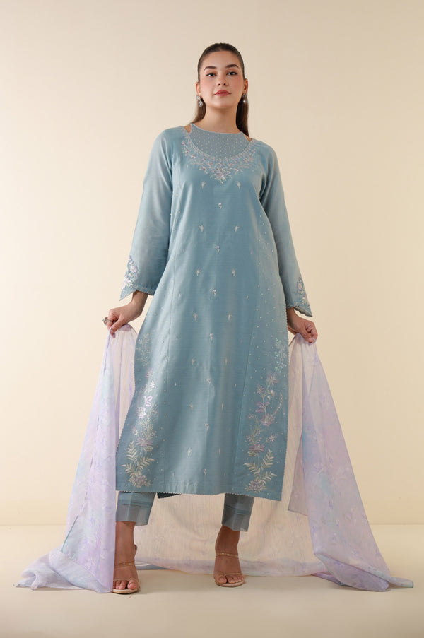 Stitched 3 Piece Embroidered Cotton Net Suit