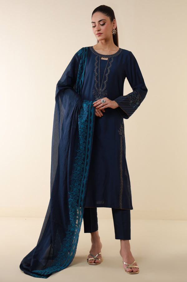 Stitched 3 Piece Embroidered Cotton Silk Suit