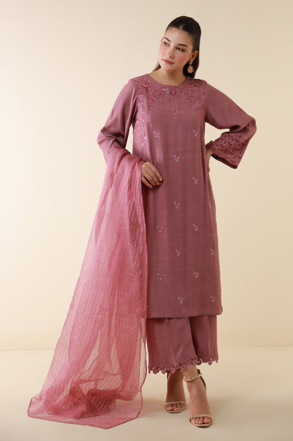 Stitched 3 Piece Embroidered Raw Silk Suit