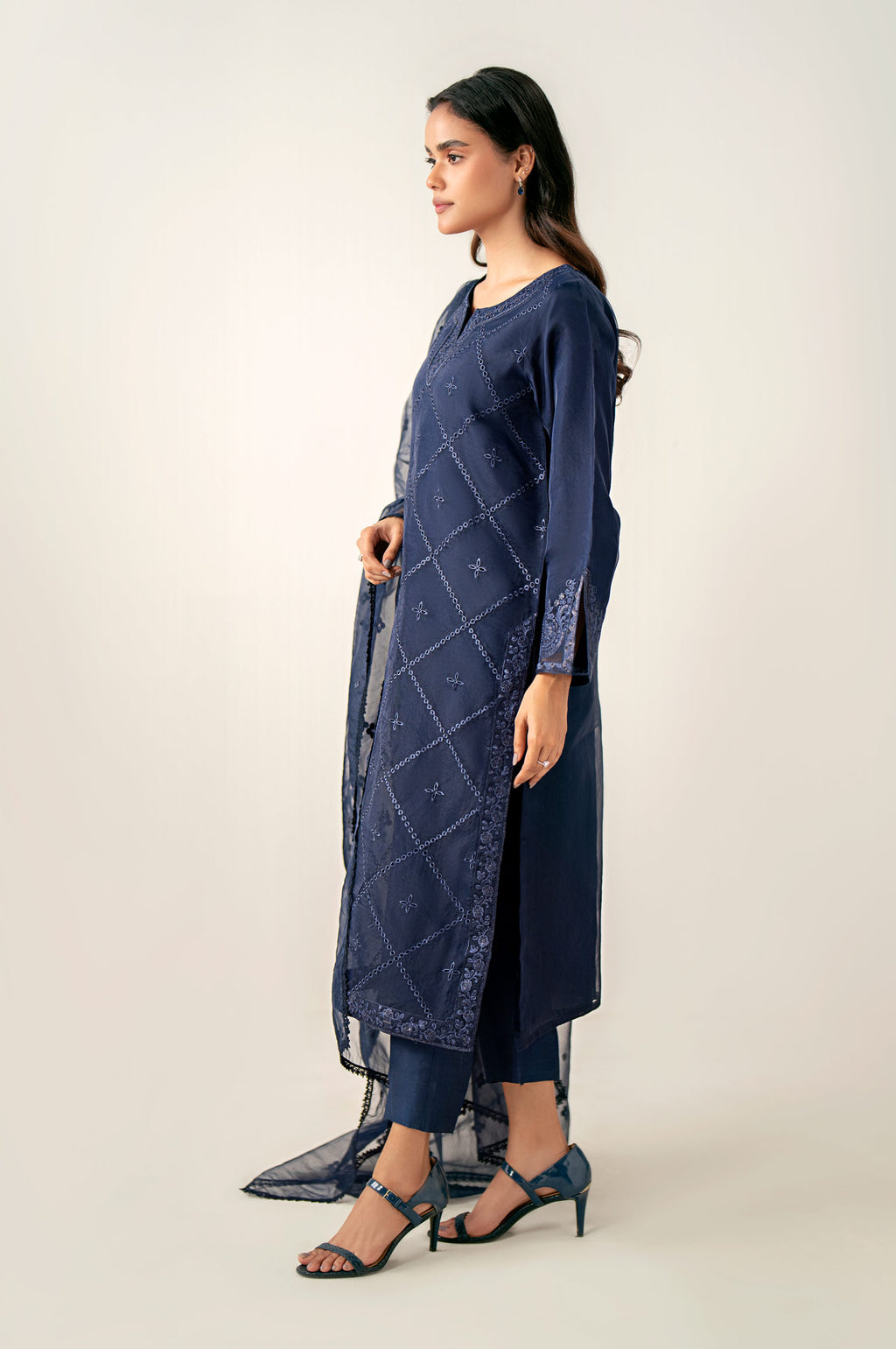 Stitched 3 Piece Embroidered Organza Suit