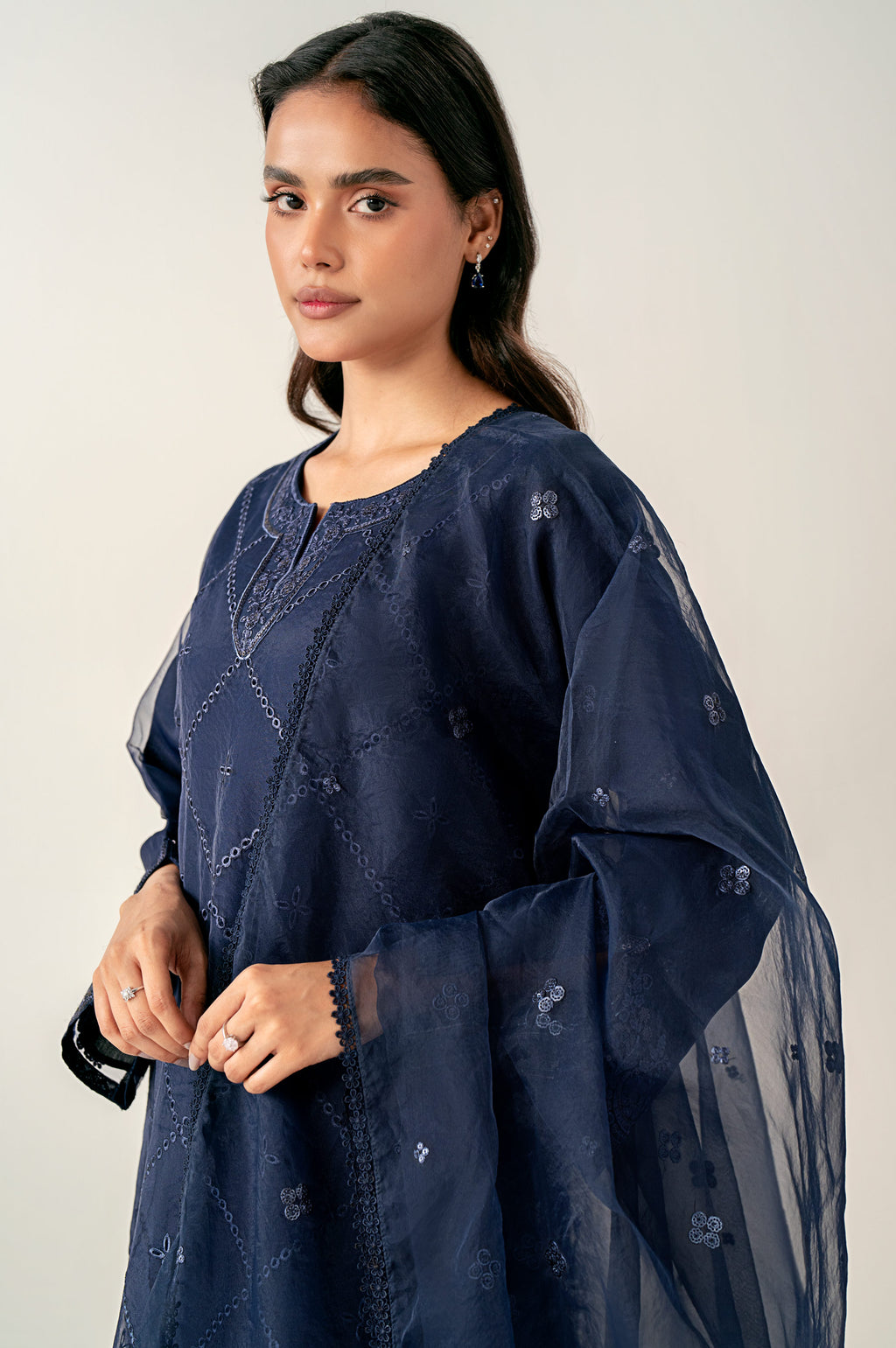 Stitched 3 Piece Embroidered Organza Suit