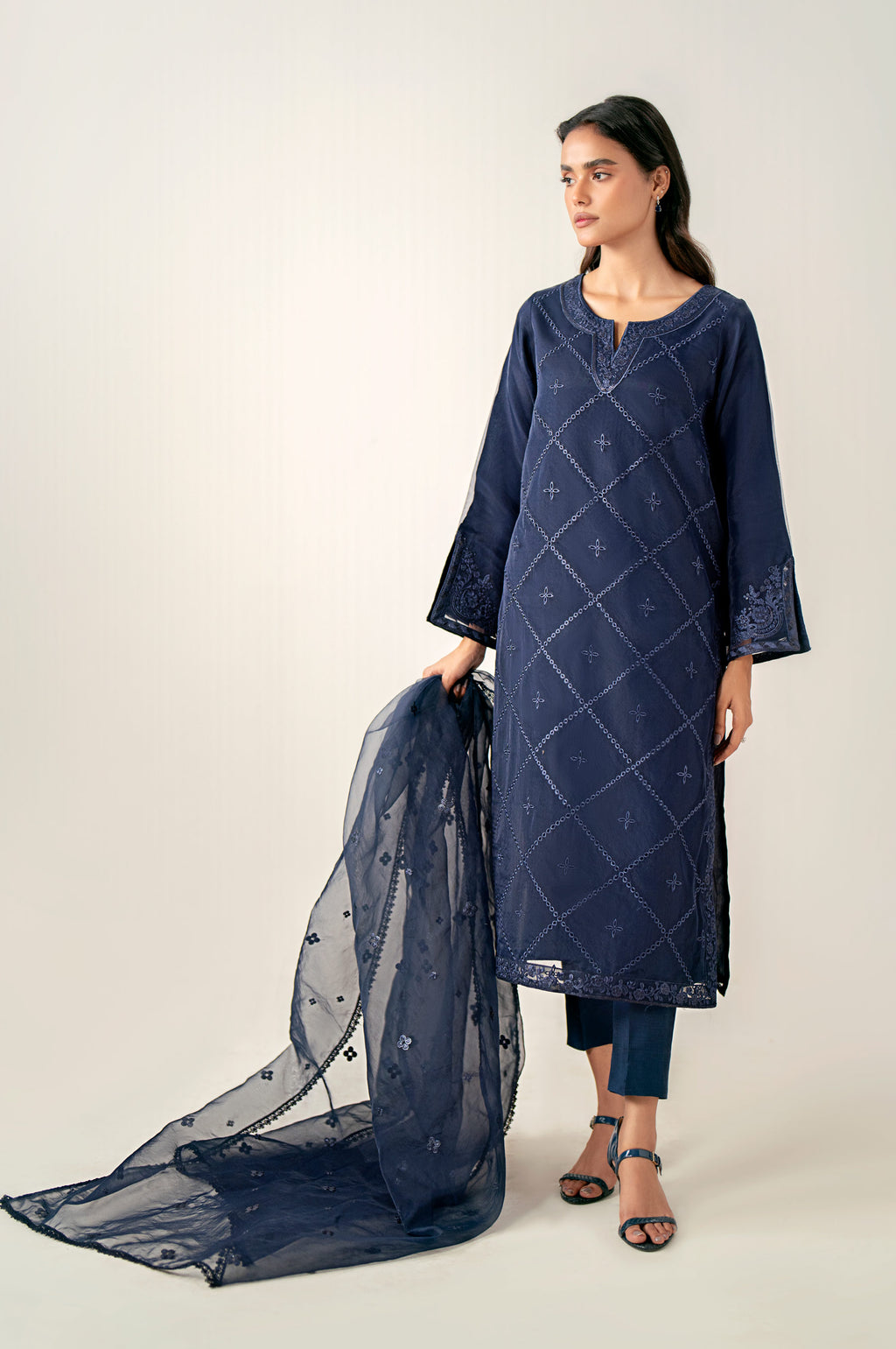 Stitched 3 Piece Embroidered Organza Suit