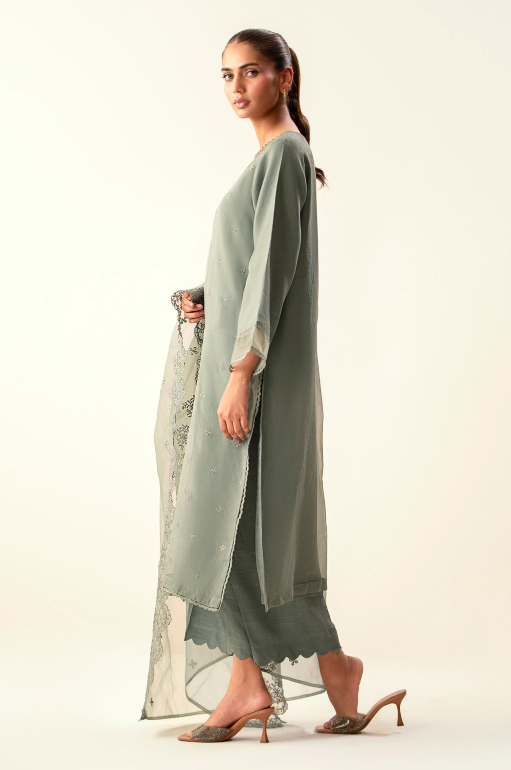 Stitched 3 Piece Embroidered Organza Suit