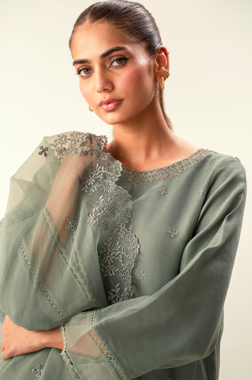 Stitched 3 Piece Embroidered Organza Suit