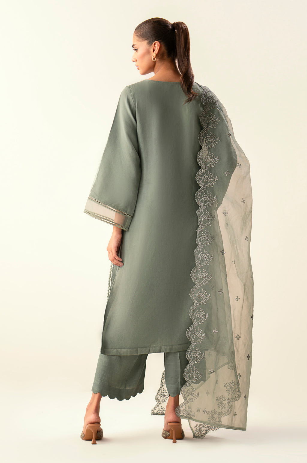 Stitched 3 Piece Embroidered Organza Suit