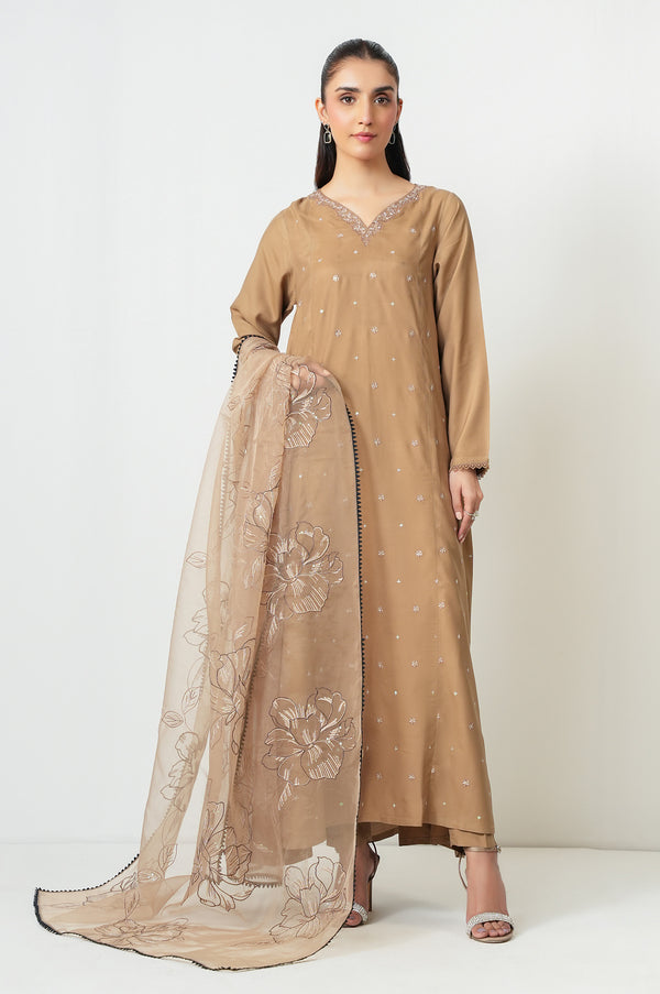 Stitched 3 Piece Embroidered Oak Silk Suit