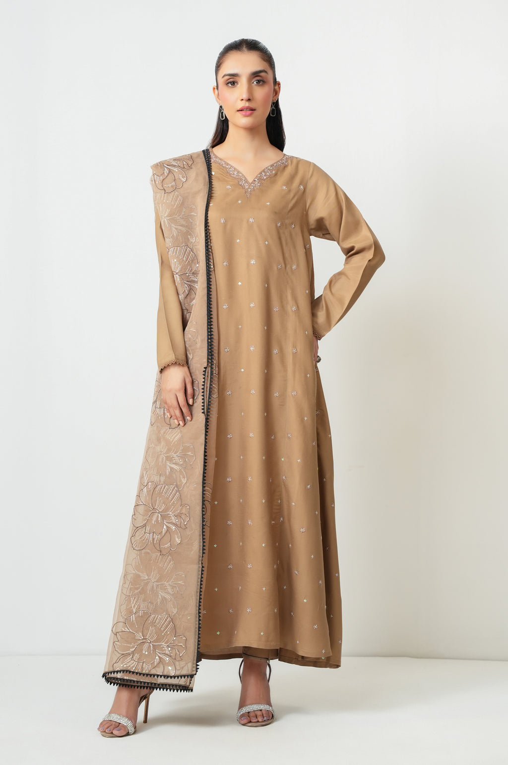 Stitched 3 Piece Embroidered Oak Silk Suit
