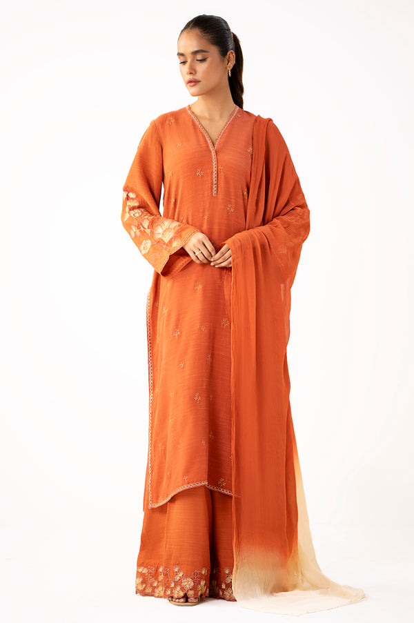 Stitched 3 Piece Embroidered Raw Silk Suit