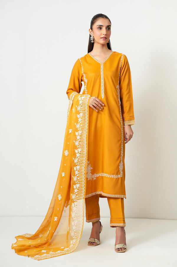 Stitched 3 Piece Embroidered Oak Silk Suit