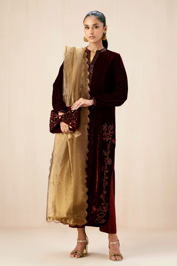 Stitched 3 Piece Embroidered Velvet Suit - Maroon