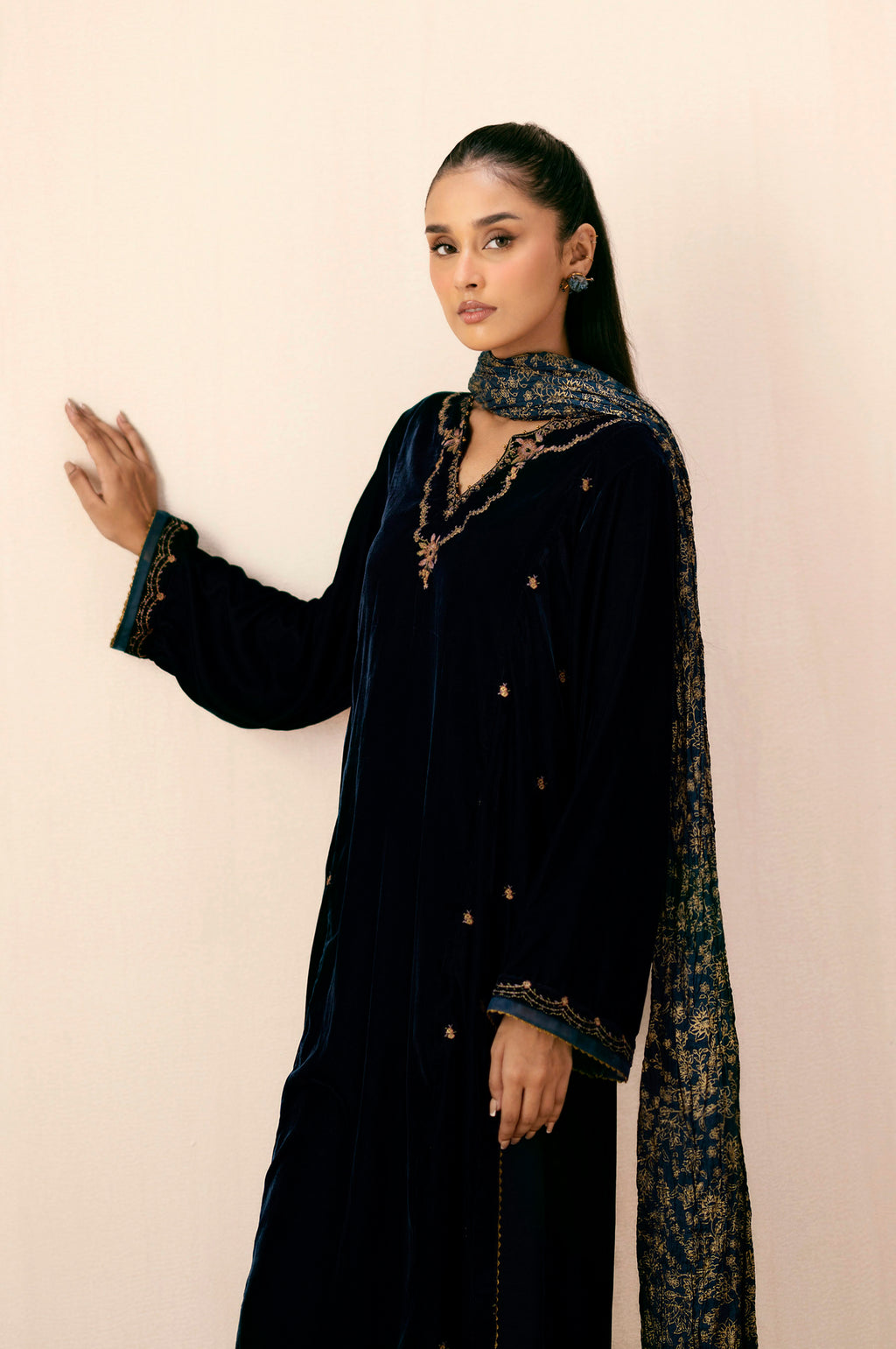 Stitched 3 Piece Embroidered Velvet Suit - Ocean Teal