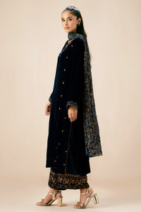 Stitched 3 Piece Embroidered Velvet Suit - Ocean Teal
