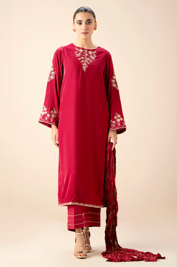 Stitched 3 Piece Embroidered Velvet Suit - Maroon