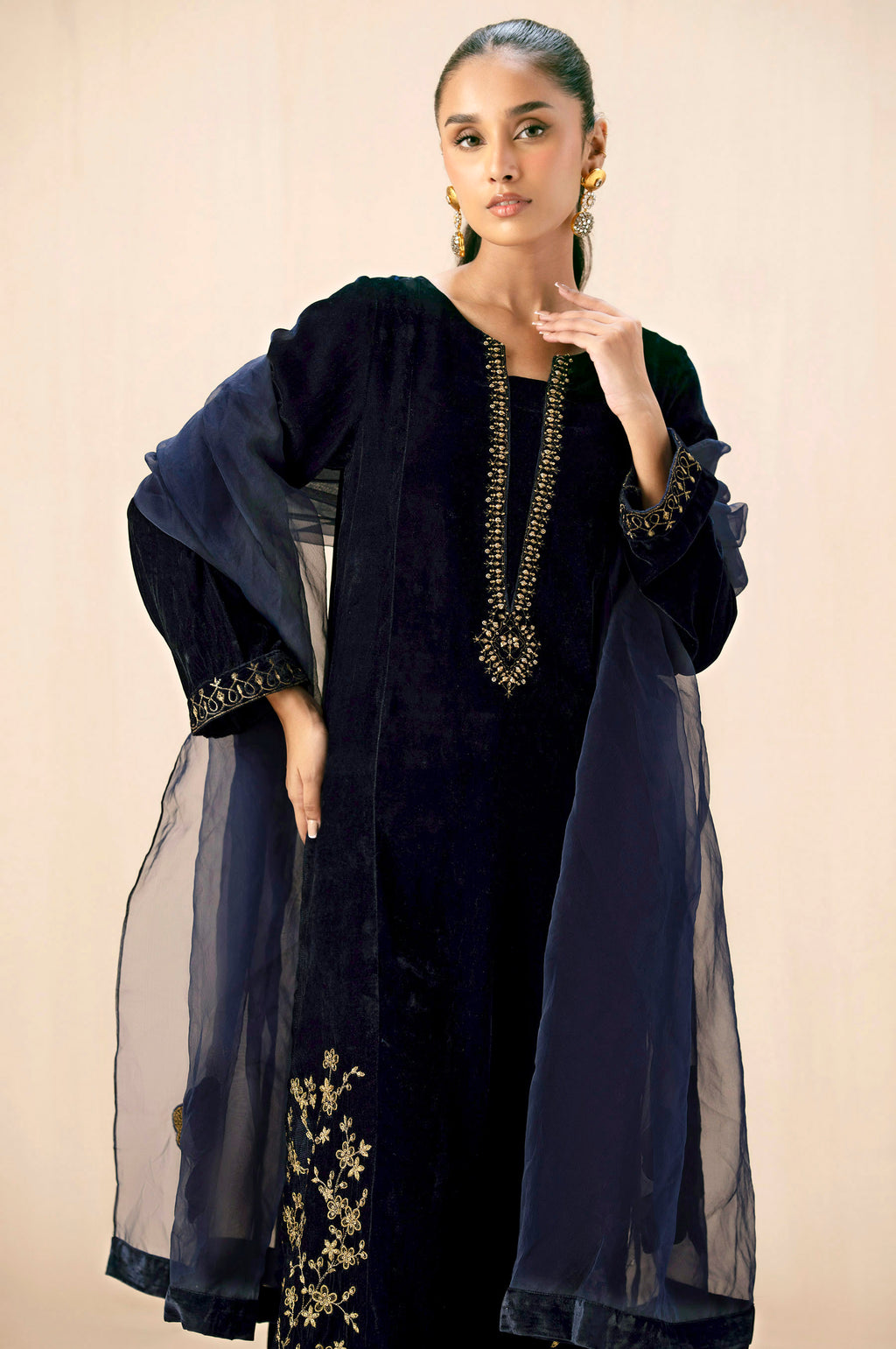 Stitched 3 Piece Embroidered Velvet Suit - Midnight Blue