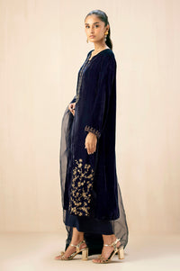Stitched 3 Piece Embroidered Velvet Suit - Midnight Blue