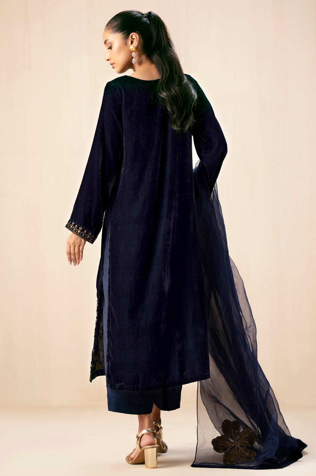 Stitched 3 Piece Embroidered Velvet Suit - Midnight Blue