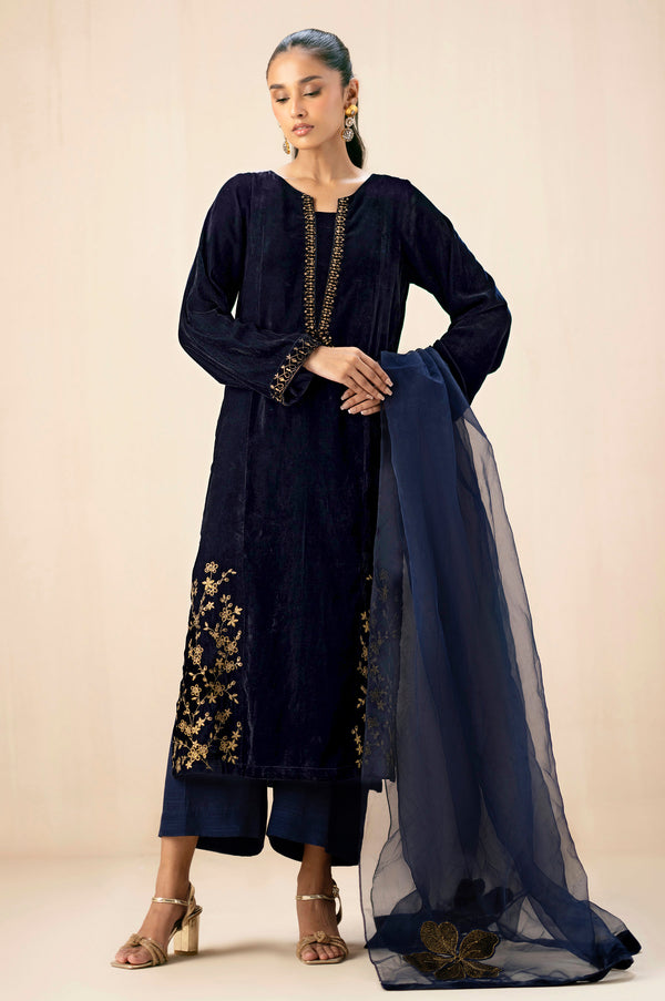 Stitched 3 Piece Embroidered Velvet Suit - Midnight Blue