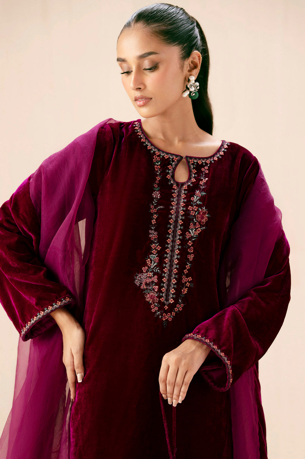 Stitched 3 Piece Embroidered Velvet Suit - Scarlet Pink
