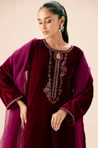 Stitched 3 Piece Embroidered Velvet Suit - Scarlet Pink