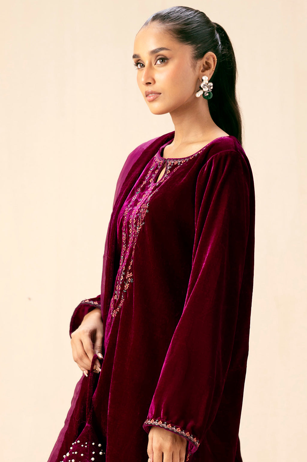 Stitched 3 Piece Embroidered Velvet Suit - Scarlet Pink