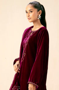Stitched 3 Piece Embroidered Velvet Suit - Scarlet Pink
