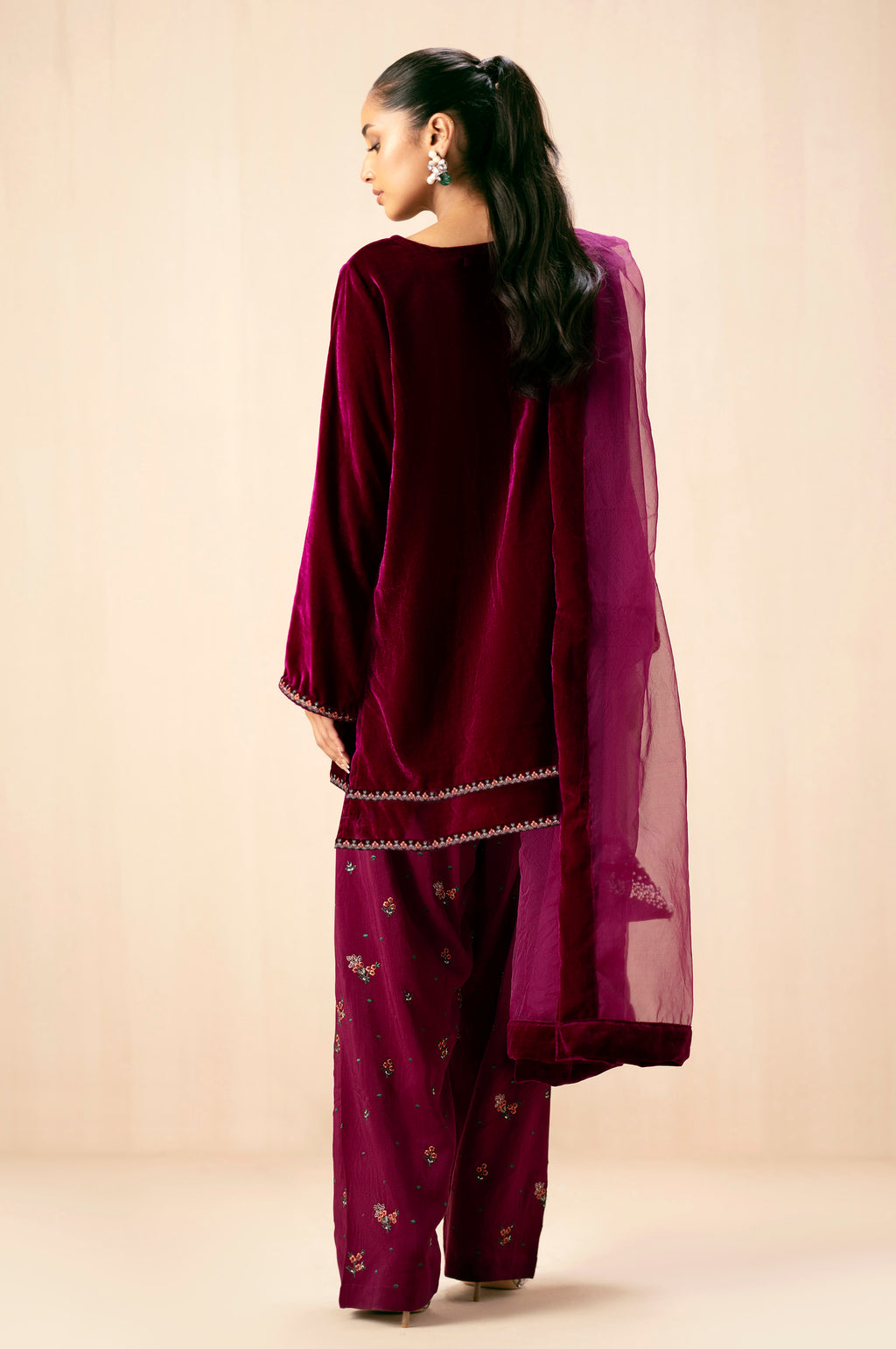 Stitched 3 Piece Embroidered Velvet Suit - Scarlet Pink
