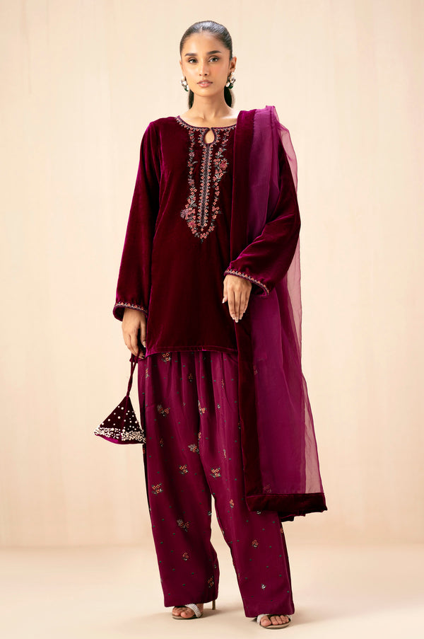 Stitched 3 Piece Embroidered Velvet Suit - Scarlet Pink