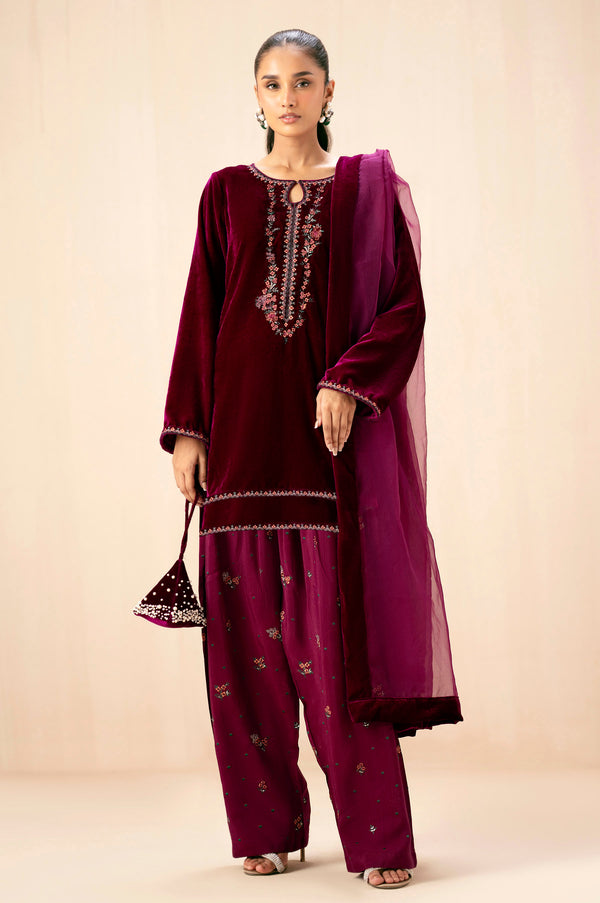 Stitched 3 Piece Embroidered Velvet Suit - Scarlet Pink