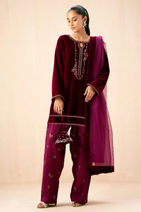 Stitched 3 Piece Embroidered Velvet Suit - Scarlet Pink