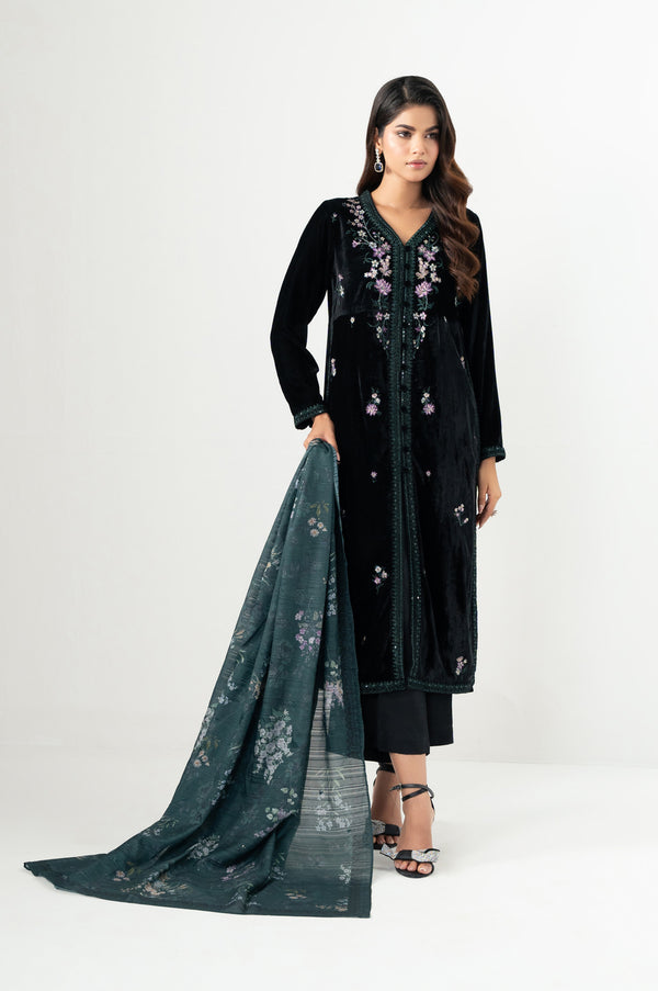 Stitched 3 Piece Embroidered Velvet Suit - Black