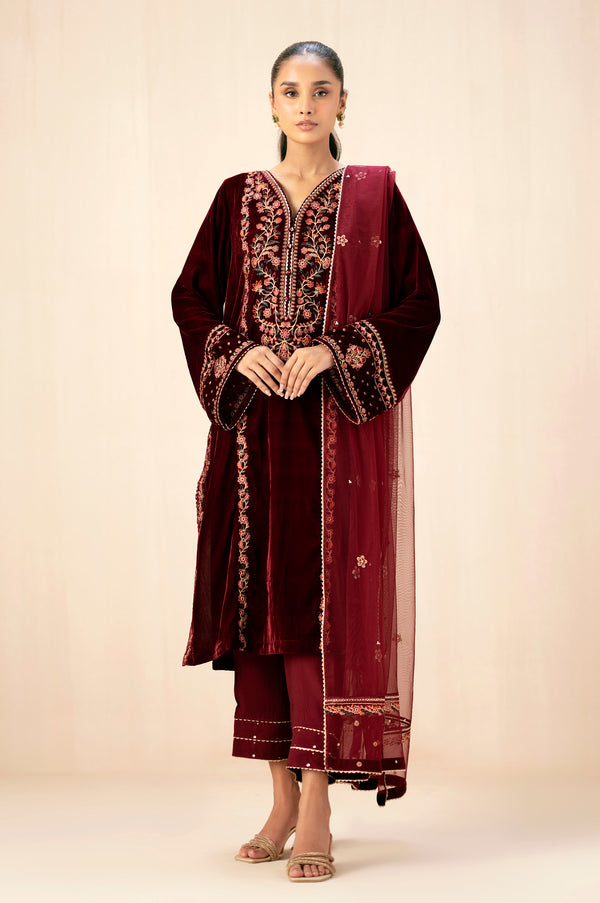 Stitched 3 Piece Embroidered Velvet Suit - Maroon