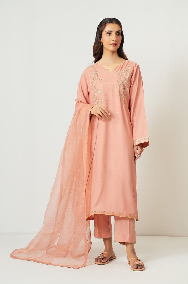 Stitched 3 Piece Embroidered Dull Raw Silk Suit