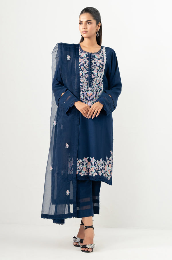 Stitched 3 Piece Embroidered Dull Raw Silk Suit