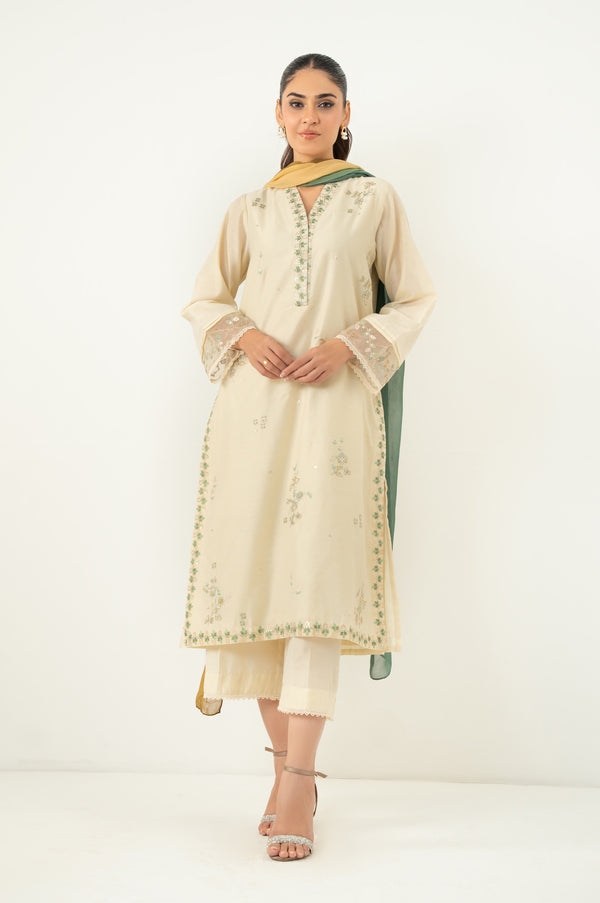 Stitched 3 Piece Embroidered Cotton Net Suit