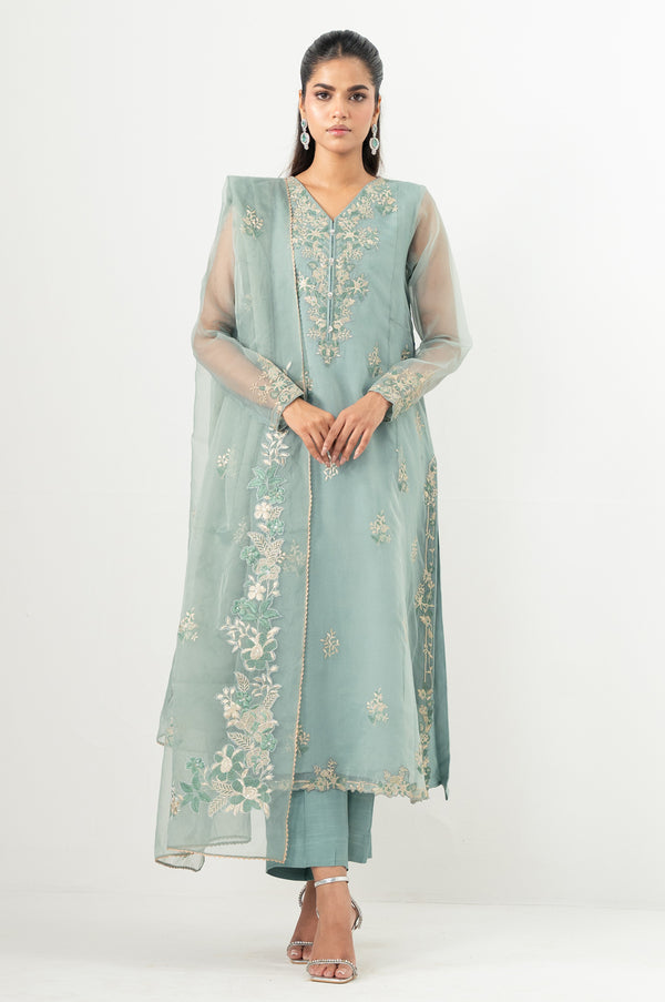 Stitched 3 Piece Embroidered Organza Suit